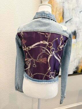 Light Wash Denim Jacket with Purple Chain-Print Back Panel, Medium NWT